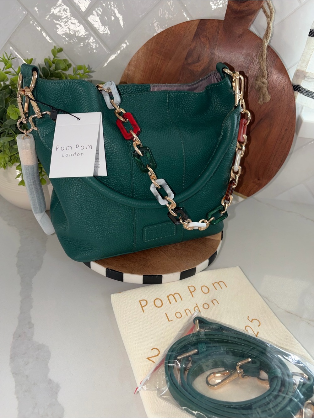 Pom Pom London Madeira green Lambeth leather crossbody bag purse & 3 straps NWT